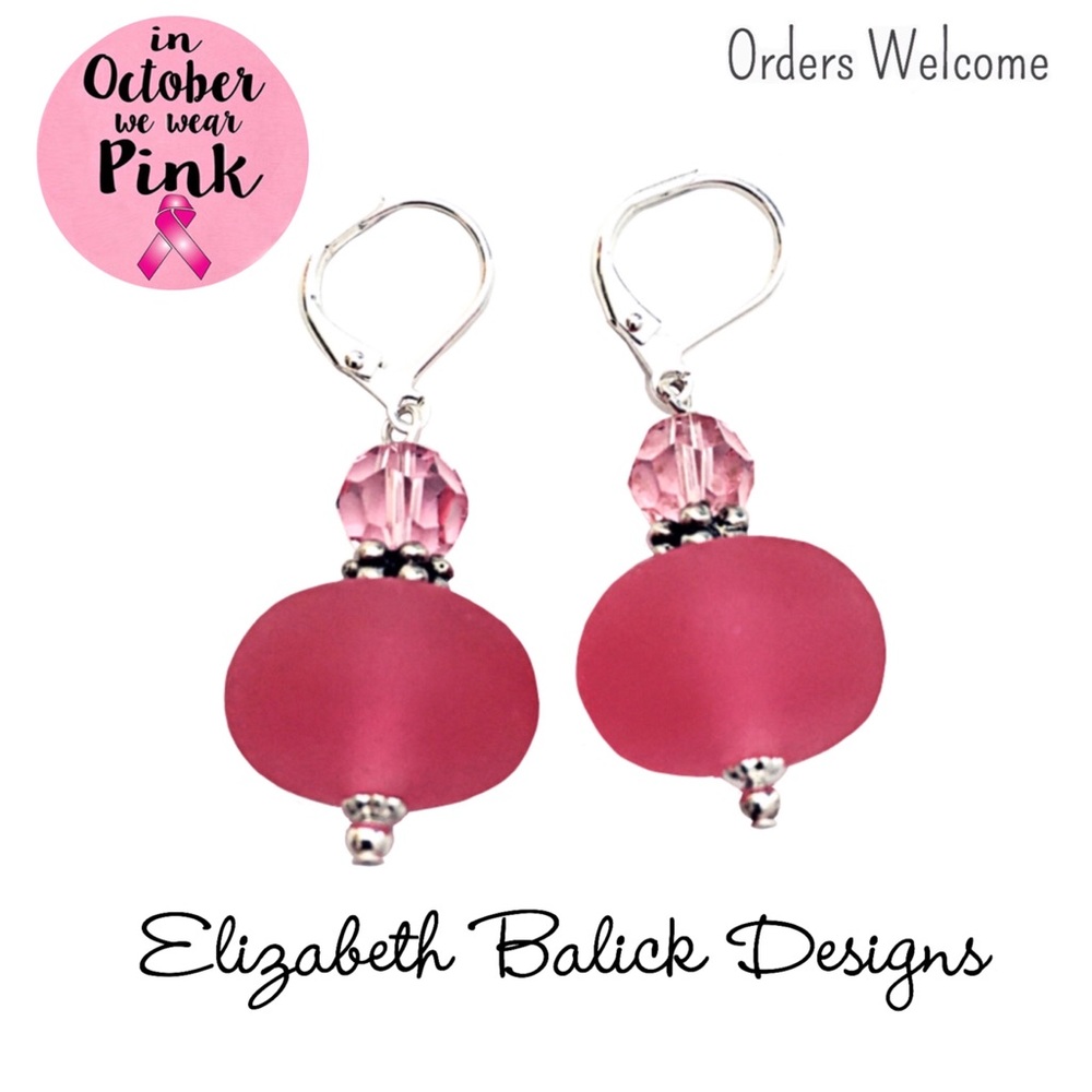 Handmade Drop Earrings: Pink Resin Beads, Swarovski Crystals & Silver, NEW!